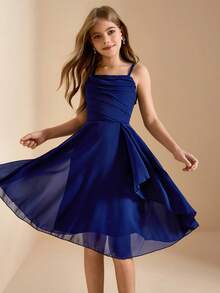 Elegant Luxurious Navy Blue Spaghetti Strap Mid-Length Fitted Formal Dress For Tween Girl, Suitable For Evening Party, Banquet, Birthday, Performance, Vacation, Wedding, Flower Girl, Prom, Back To School, Christmas, Other Occasions