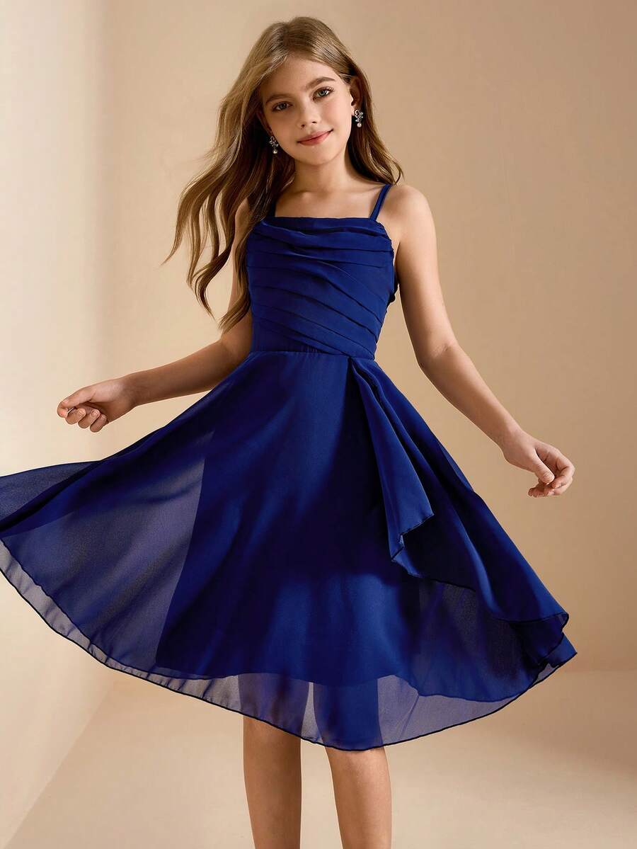 Elegant Luxurious Navy Blue Spaghetti Strap Mid-Length Fitted Formal Dress For Tween Girl, Suitable For Evening Party, Banquet, Birthday, Performance, Vacation, Wedding, Flower Girl, Prom, Back To School, Christmas, Other Occasions