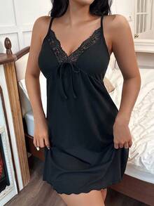 SHEIN Côtesoire Lace Patchwork Deep V Sexy Bowknot Strap Women Nightgown