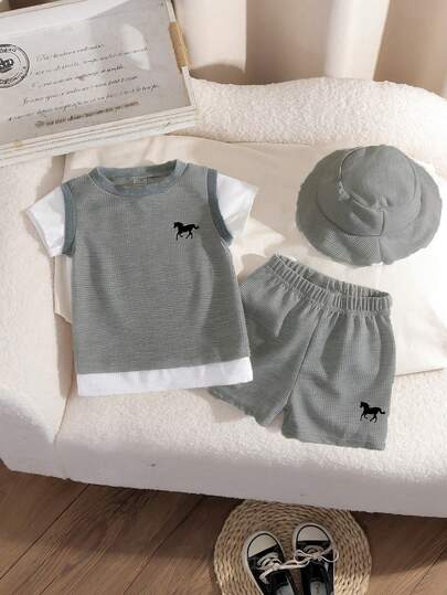 SHEIN Genkimix Kids 3 件装男婴夏季蓝色圆领二合一上衣和短裤带帽套装，华夫格面料，适合日常户外玩耍、上学、度假，风格优雅，适合家庭休闲、运动和聚会