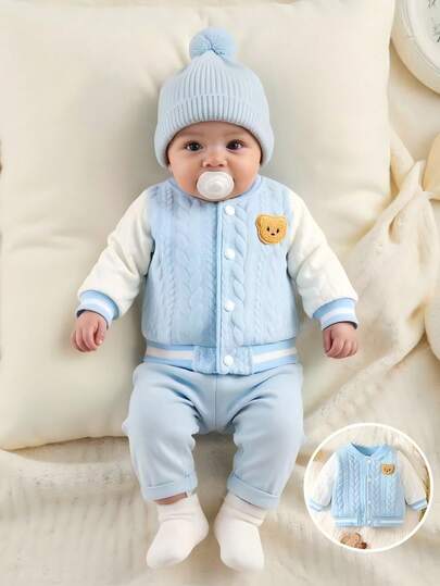 SHEIN Newborn Baby Boy Bear Pattern Double-Layer Fried Dough Twist Fabric White Stitching Blue Jacket Fashionable And Personalized Handsome Boy And Girl Can Wear Autumn And Winter New Style