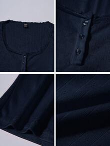 Vionelle 大码女式甜美蕾丝边短袖 T 恤，修身款三扣休闲粉色 T 恤上衣夏季女式上衣方领上衣纽扣上衣蕾丝边上衣 - 寶藍色 - 查看 7