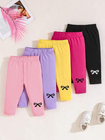 5pcs/Set Baby Girls Casual Minimalist Bow Print Leggings, Suitable For All Seasons, Casual Occasions Like Daily Wear, Outings, Travel, Fits 6 Months To 2-3 Years Old