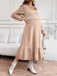 SHEIN 孕妇纯色方领灯笼袖罗纹休闲哺乳连衣裙 - 粉色 - 查看 4