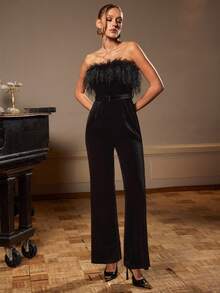 Silquee 羽毛拼接系带性感露背连体裤，时尚阔腿丝绒面料，适合派对、度假、约会、婚礼等场合。 - 黑色 - 查看 5