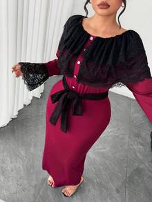 Elenzga Plus Size Lace Patchwork Cinched Waist Cinched Waist Bodycon Dress - Burgundy - View 6