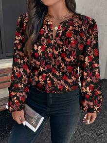 EMERY ROSE 大码印花镂空领休闲衬衫，秋季款 - 彩色 - 查看 3