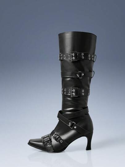 CUCCOO GRLICON Women's Asymmetrical Ruched Shaft Round Toe Thick Heel Warm Boots With Double Buckle Decor, Autumn/Winter