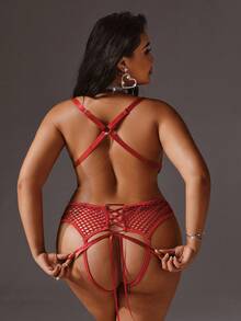 SpicyHot Bộ đồ liền thân hở đáy lưới và ren hở đáy cỡ lớn cực kỳ gợi cảm - Màu Đỏ Sâu - Xem 7