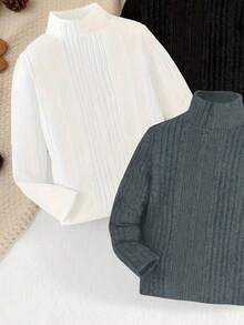 SHEIN Explorewe Young Boy Solid Color Turtleneck Casual Versatile Long Sleeve T-Shirt, Autumn/Winter - Multicolor - View 4