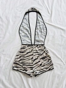 Soleia Women's Vacation Zebra Print Sequin Fabric Deep V Neck Backless Sexy Fitted Romper, Party Jumpsuit, Suitable For Cruise, Holiday, Date, Afternoon Tea, Nightclub, Beach, Island Vacation, Road Trip, Music Festival, Boho Vacation, Can Be Worn Inside Or Outside, All Season Beach Clothes Zebra Print Clothes Summer Swimsuit Swimsuits Casual Zebra Print Bathing Suit - Black and White - View 2