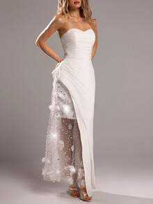 Elenzga Women's Elegant Contrast Mesh Applique Ruched Dress, Summer - White - View 1