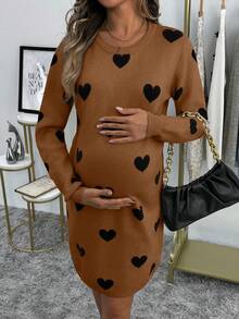 Cheriluna Maternity Heart Print Maternity Sweater, H-Silhouette, Valentine's Day - Brown - View 5