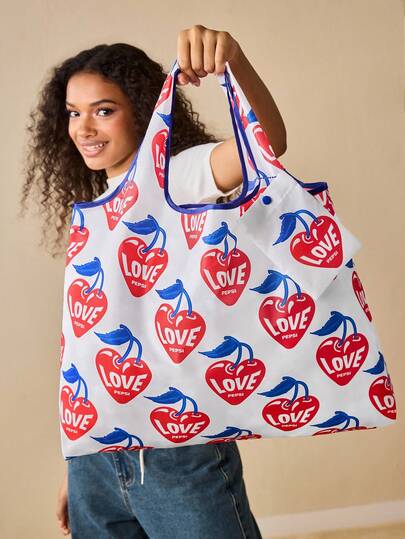 PEPSI X SHEIN 1 pieza Bolsa de compras plegable con patrón de dibujos animados lindos, bolso de mano con bolsillo desmontable con cadena de cuentas para colgar en la bolsa, corazón, cereza, amor