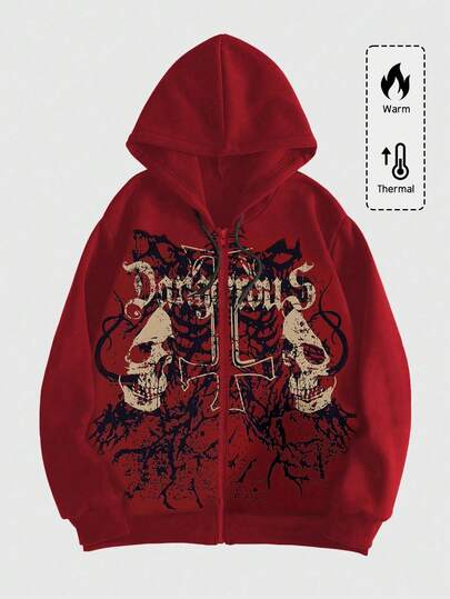 Grunge Punk Herren Rot Totenkopf Muster Langarm Hoodie, Schule, für Herbst Winter