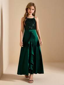 优雅迷人的无袖串珠中长连衣裙，适合少女穿着，祖母绿，适合晚宴、圣诞节、万圣节、婚礼、生日、演出等场合。 - 墨綠色 - 查看 3