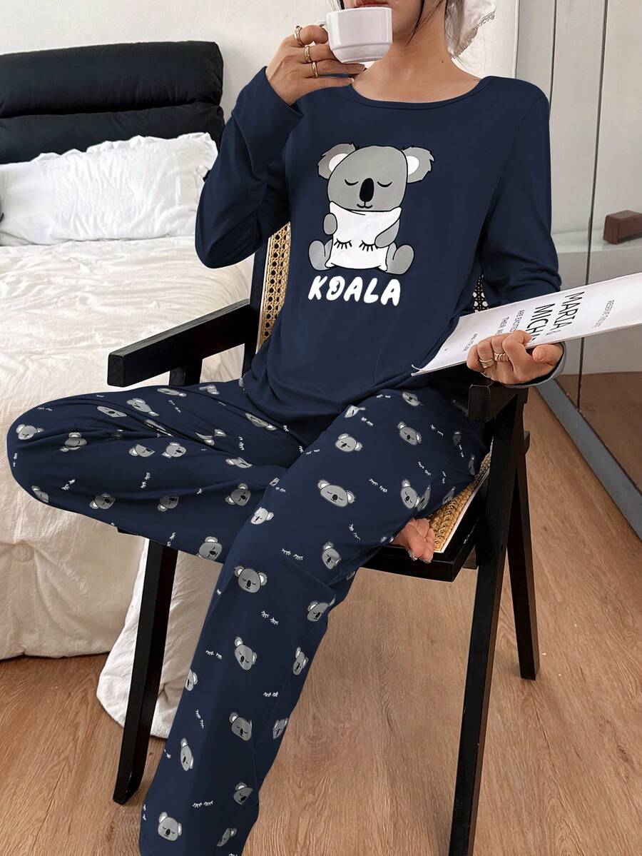 考拉印花长袖上衣和长裤睡衣套装，秋冬服装 - 藏蓝色 - 查看 1