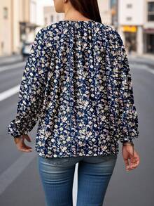 EMERY ROSE 大码女式系带V领印花衬衫 - 彩色 - 查看 2