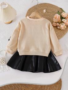 Set de 2 piezas: Blusa de manga larga con cuello redondo y decoración de moño 3D negro para niñas pequeñas, combinada con falda negra, estilo académico dulce y versátil, moda retro para otoño/invierno - Albaricoque - Ver 2