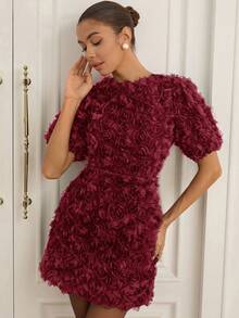 Aveloria Rosie 3D立体花卉装饰收腰短袖奢华欧美风时尚迷你连衣裙 - 酒紅色 - 查看 5