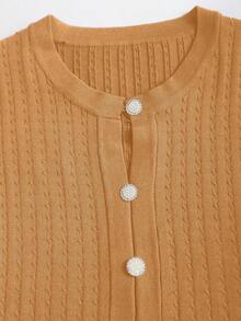 GlowEve 初秋法式优雅风藏青色镂空复古荷叶边下摆优雅长袖短款针织连衣裙 - 芥末黃 - 查看 3