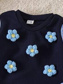 SHEIN 女童甜美可爱碎花条纹拼接长袖上衣和牛仔裤T恤套装 - 藍色 - 查看 6