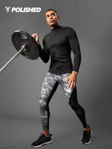 Manfinity Sport Polished 男士字母腰带迷彩印花运动压缩裤 - 黑色 - 查看 6