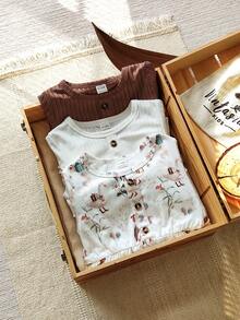 Vintaside Kids Vestido de tres piezas dulce y lindo para bebé niña, de cuello redondo, de manga larga y a rayas multicolor, para otoño e invierno. El estilo de unicolor es simple y elegante, con un ajuste suelto y cómodo. Está completamente estampado con lindos patrones de animales como patitos y ardillas, y la decoración con hebilla de estampado de leopardo adorna el pecho. - Multicolor - Ver 9