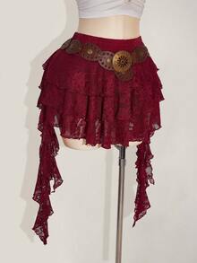 SHEIN ICON Plus Size Vacation Casual Sexy White Lace Ruffle Hem Mini Skirt With Safety Shorts, Suitable For Summer, Music Festivals, Back To School Season - Burgundy - View 7