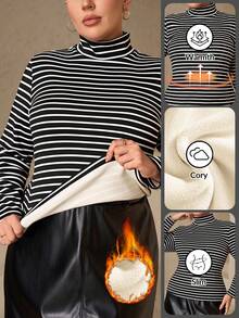 Chikora Plus Size Women's Thermal Lined Long Sleeve Turtle Neck T-Shirt,Black And White Striped Autumn Winter Smart Casual Hiking Elegant Streetwear Top - Black and White - View 2