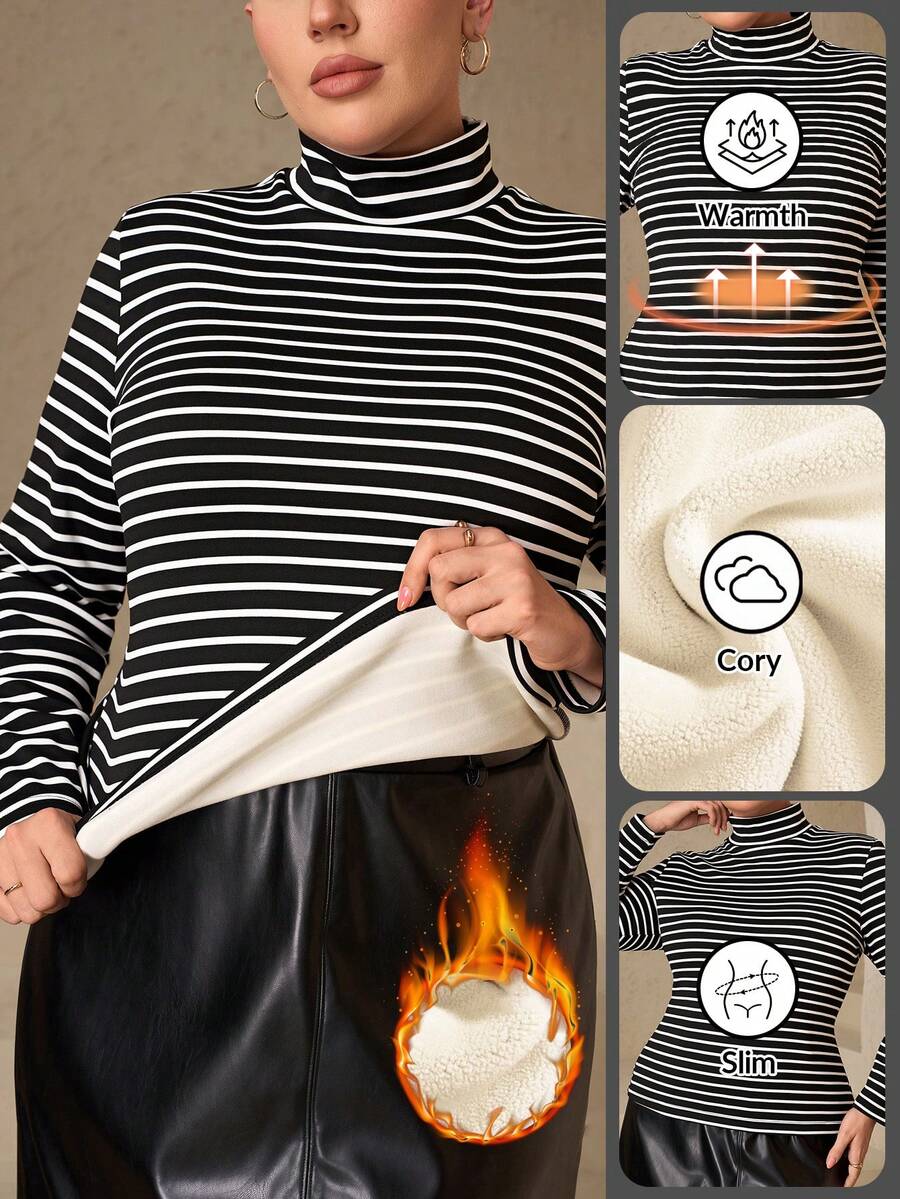 Chikora Plus Size Women's Thermal Lined Long Sleeve Turtle Neck T-Shirt,Black And White Striped Autumn Winter Smart Casual Hiking Elegant Streetwear Top