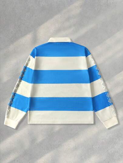 Street Life Men's Casual Colorblock Striped Letter Print Polo Shirt, Autumn