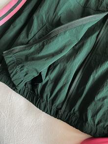 Sparklyn 2-Piece Set Tween Girl A Color-Blocked Striped Zip-Up Jacket With An Embroidered Bow And Elastic Waist Pants.Retro Sports Style Set Suitable For Street Going/Sports And Fitness/Best Friend Travel, All Season Items