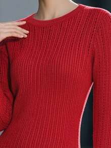EMERY ROSE 秋冬新款优雅精致柔软舒适修身女士褶皱长袖圆领红色粗针织毛衣 - 紅色 - 查看 3