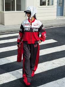 SHEIN ChillGRL 2 Stücke/Set Romweezy Teenager Mädchen Schwarz & Rot Kontrast Farbe Stehkragen Kurze Strickjacke kombiniert mit weiter Hose, Zahlen & Englische Buchstaben Grafik Muster, Seitentaschen, normale Dicke, geeignet für Lässig, Pendeln, Sport, Frühling & Herbst Urlaub