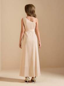 Elegant Flower Girl Dress For Graduation, Wedding, Ball, Halloween, Christmas, Champagne Satin One-Shoulder Waist Bow Strap Backless Midi Dress For Tween Girl, Fashion Open Hem Puffy Princess Dress For Back To School - Champagne - View 2