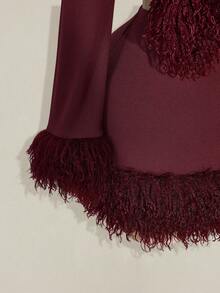 SHEIN ICON Plus Size Wine Red Faux Fur Collar Patchwork Knit Long Sleeve Bodycon Skirt Burgundy Outfit Women Maroon Outfits For Women/Winter Fringe Outfits Women