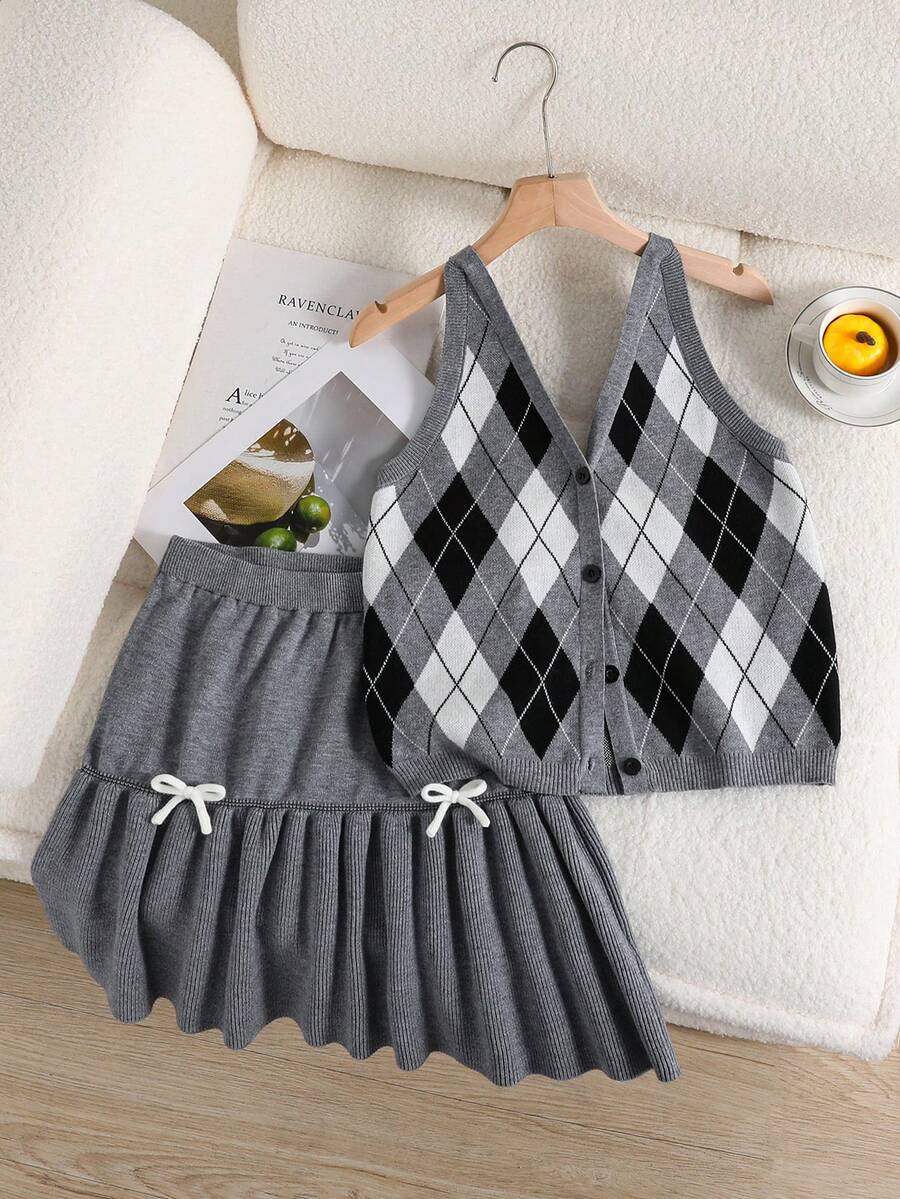 Sparklyn 2pcs/Set Women's Diamond Pattern Knit Cardigan Top And Mini Skirt, New Autumn Collection - Grey - View 1