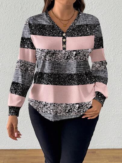 EMERY ROSE Maglietta a maniche lunghe con scollo a V e decorazione di bottoni, taglie forti, stampa floreale casuale, top con stampa floreale autunnale, giacca primaverile/autunnale