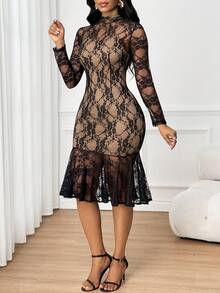SHEIN Lady Women's Mandarin Collar Contrast Lace Long Sleeve Fishtail Hem Elegant Dress - Black - View 4