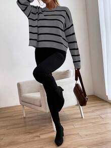 SHEIN LUNE Casual Round Neck Black & White Striped Pullover Sweater, College Style - Grey - View 4
