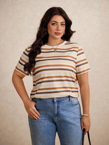 Elaquor Plus Size Vacation Color Block Striped Casual Summer Short T-Shirt Spring - Multicolor - View 6