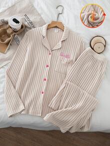 Genkimix Kids Apricot Ribbed Thermal Lined Letter Embroidery Cardigan & Pants Loungewear Set For Teen Girls - Apricot - View 5