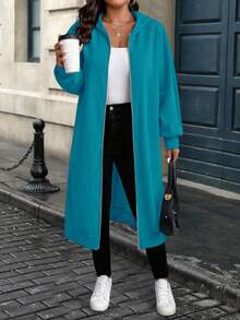 EMERY ROSE Plus Size Casual Letter Printed Hoodie Jacket, Autumn/Winter - Teal Blue - View 3