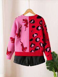 女童豹纹提花针织开衫，秋冬时尚单品 - 紅色 - 查看 2