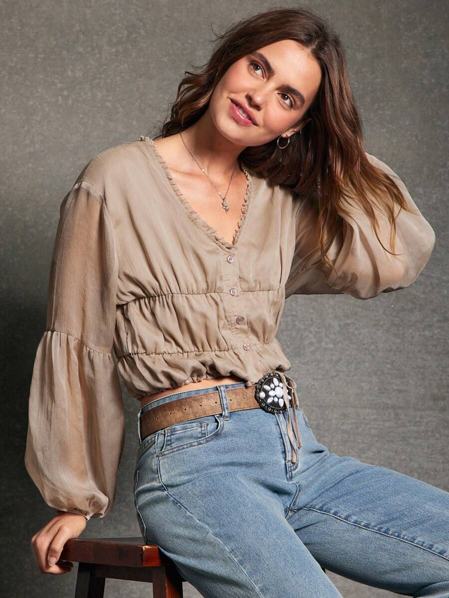 WESTFADE Áo crop top tay dài cổ chữ V cài nút phía trước chất liệu voan và ren hoa, eo rút, nhiều tầng, thu, đông, phong cách Boho, thường ngày, ngày lễ, giáng sinh, năm mới, hòa nhạc đồng quê, trang phục miền Tây - màu nâu - Xem 1