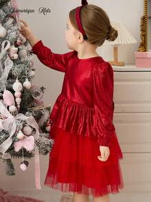 Glamorique Kids Girls' Elegant Long Sleeve Party Dress With Metallic Splicing, Mesh Design And 3D Bow Decor, Suitable For Autumn/Winter