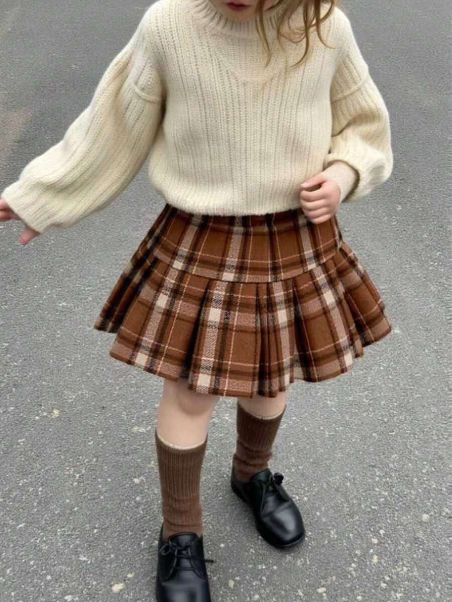 Playful Pals 1件装年轻女孩复古格子裙棕色休闲JK风格松紧腰百褶短裙适合春秋冬日常穿着 - 棕色 - 查看 1