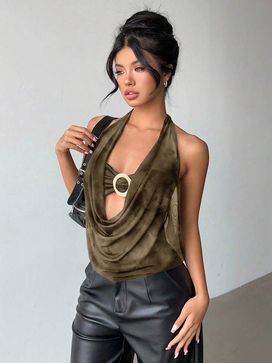 Aloruh 新款性感半透明垂褶露背吊带衫，金属装饰，露背设计 - 軍綠色 - 查看 1