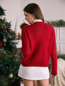 LanaWest 女士休闲串珠纽扣开衫，秋冬 - 紅色 - 查看 2